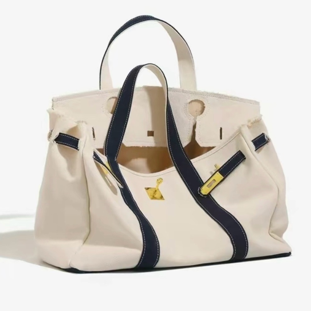 Boatkin Canvas Two-Tone Tote Bag - Navy with Gold Hardware - Picture 7 of 8